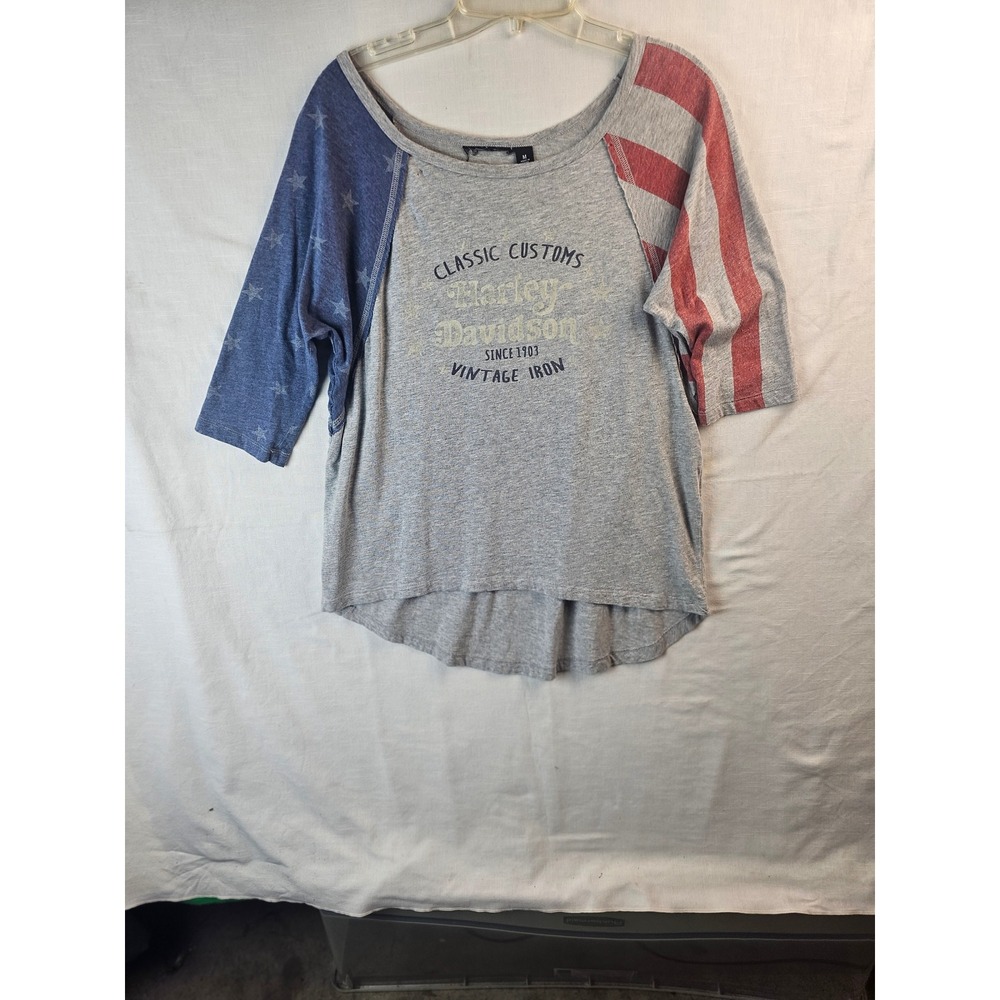 Harley Davidson Womens Gray Stars Stripes Raglan T-Shirt Medium Vintage Iron